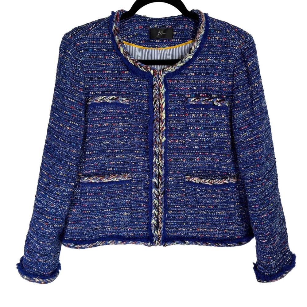 J.Crew Blue Multi Tweed Braided Trim Lady Jacket Blazer Hook Eye Pockets EST. 14